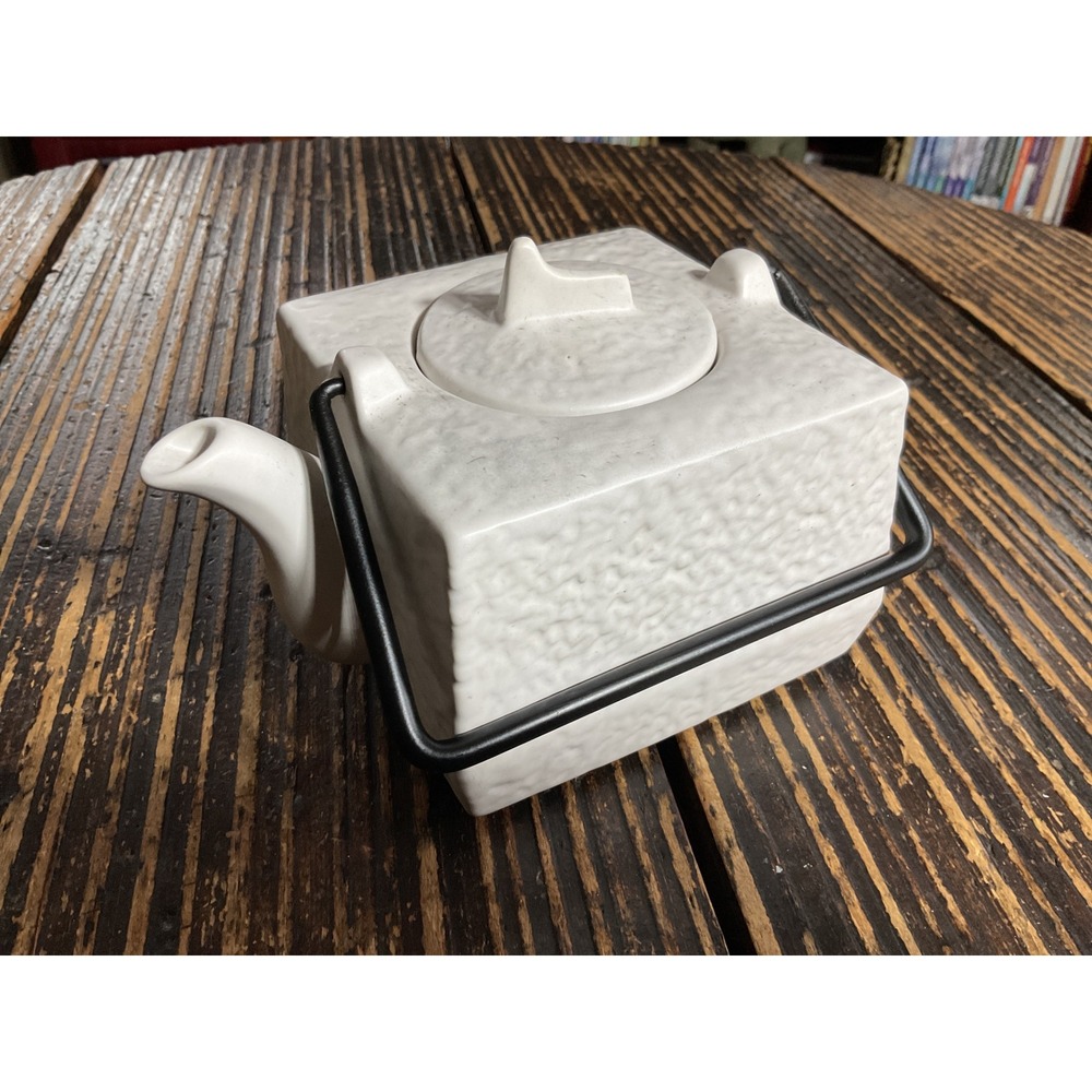 Morris Design White Ceramic Square Teapot Textured Hammered Finish Black Handle